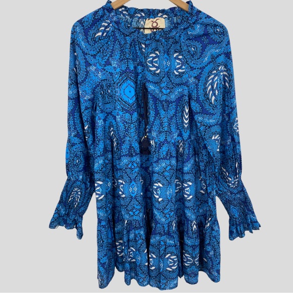 Figue Blue White Flowy Batik Print Bella Short Dress with Tassel Ties - Picture 9 of 10